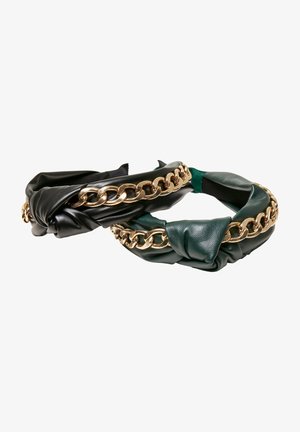 Two padded leather headbands, one black and one dark green, each featuring a prominent gold chain detail across the front.