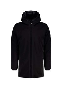 Zwarte capuchonjack met een voorrits, voorzien van lange mouwen, elastische manchetten en een gladde, matte afwerking. Lichtgewicht en minimalistisch ontwerp.