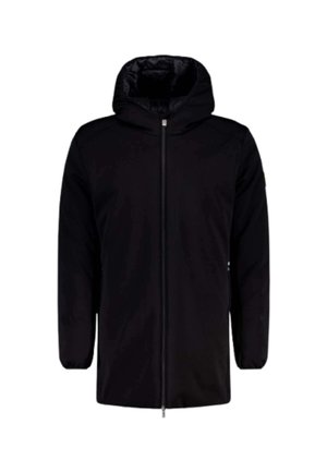 Giacca nera con cappuccio e zip frontale, dotata di maniche lunghe, polsini elasticizzati e finitura liscia e opaca. Design leggero e minimalista.