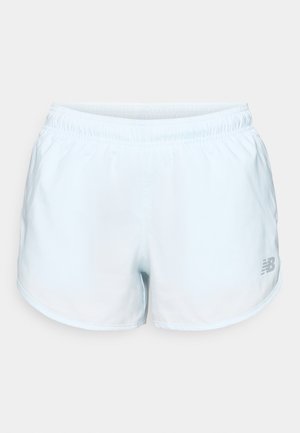 Light blue athletic shorts with an elastic waistband, curved hem, silver logo detail on the lower right side, made from lightweight fabric.