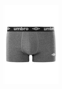 Boxer en coton gris avec une ceinture noire arborant le logo "Umbro" en blanc. Comprend une poche avant et des coutures surpiquées.