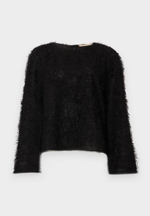 Black fuzzy long-sleeve sweater with crew neckline and slightly cropped hem, displayed on a white background.