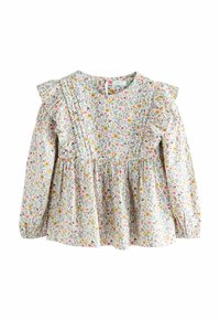 Langärmlige Bluse aus weißem Stoff mit Blumenmuster, die Rüschendetails an den Schultern, eine geraffte Taille und lebhafte Blumenmuster in Pink, Gelb und Grün aufweist.