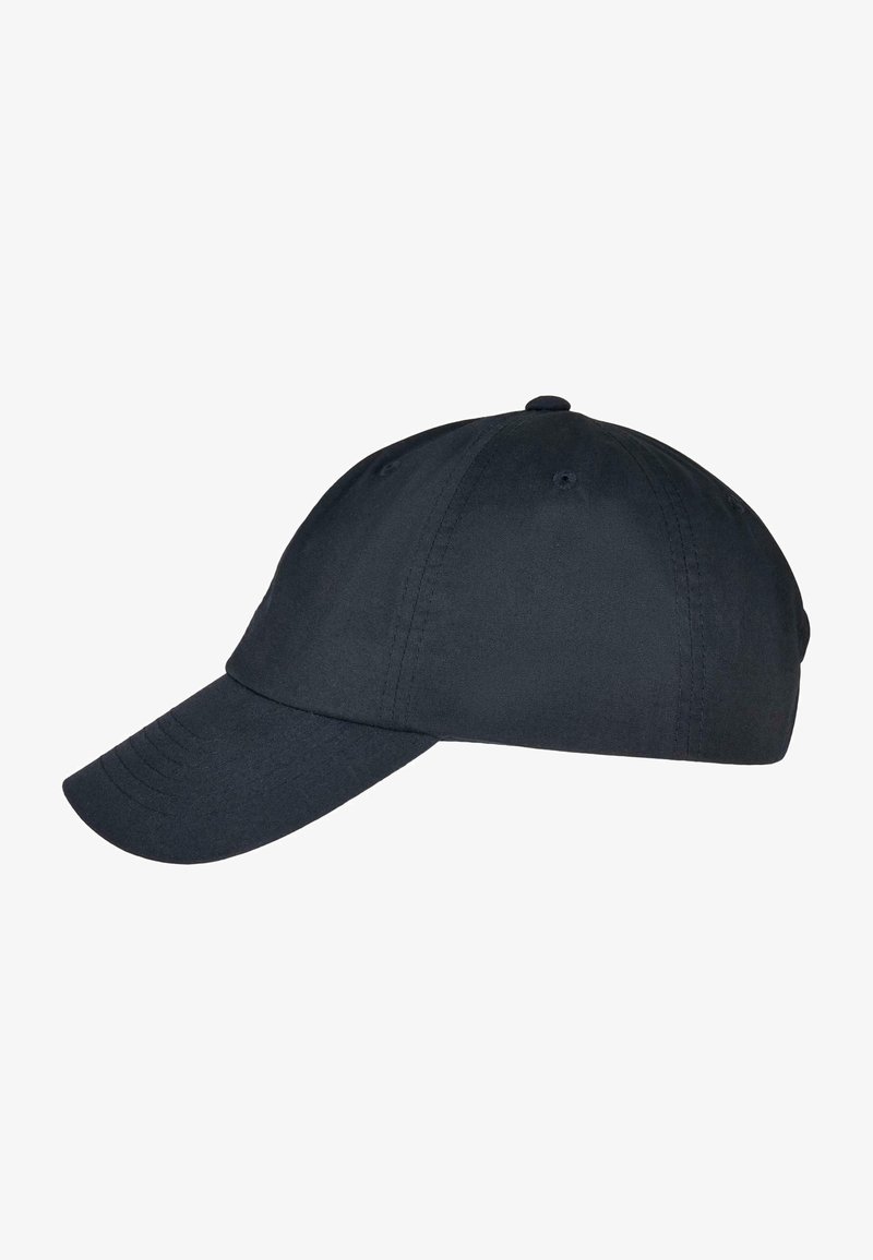 Fekete pamut baseball sapka ívelt karimával, hatszögletű designnal és hímezett részletekkel az elején és az oldalán.