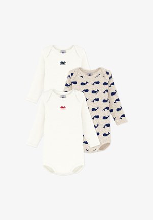 Trois bodys à manches longues : deux blancs avec un logo baleine rouge, un gris clair avec un motif baleine bleu marine, tous en coton doux.