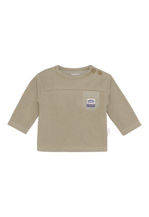 Beige babyshirt met lange mouwen, ronde nek, twee schouderknopen en een kleine voorkantzak met blauw en gele "Good Day" label.