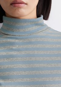 Hellblau und grau gestreifter Rollkragenpullover aus geripptem Stoff, der ein figurbetontes Design mit horizontalen Streifen und einem hohen Kragen zeigt.