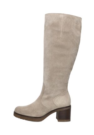 Beige suède laarzen tot aan de knie met blokhiel. Glad oppervlak, gebogen silhouet en detail in de zijnaad. Klassiek en veelzijdig ontwerp.