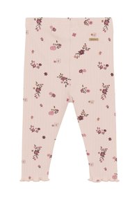 Leggings roses côtelés avec un motif floral en violet et crème, dotés d'un ourlet festonné et d'une petite étiquette de logo sur la taille.