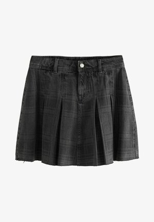 Czarna dżinsowa mini spódnica z plisowanym wzorem, z przodu z zapięciem na guziki i subtelnym wzorem w kratę. Surowe wykończenie u dołu i usztywniony pas.