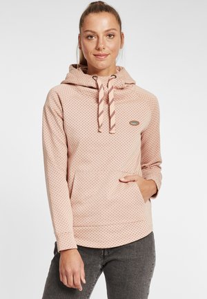 Ljusrosa hoodie med en texturerad tyg med små prickar, en framficka och randiga dragsnören på huva. Varumärkeslogotyp synlig.