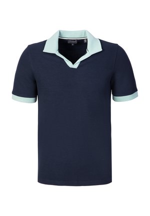 Polo a maniche corte in maglia blu navy con collo e polsini azzurri, tessuto strutturato e scollatura a V.