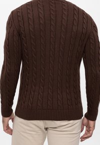 Maglione marrone a trecce con motivo testurizzato, polsini e orlo a coste; design aderente con maniche lunghe, indossato sopra pantaloni chiari.