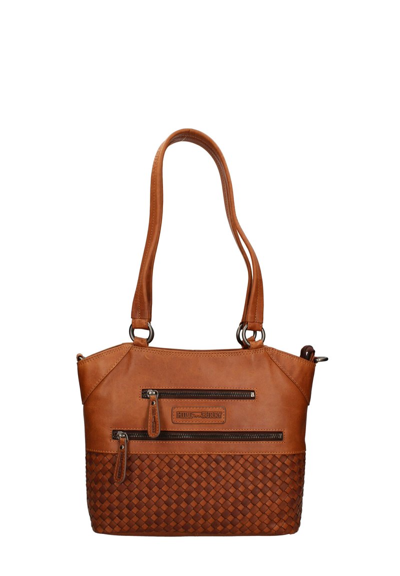 Tan leren handtas met een geweven ondersectie en een gladde bovenkant. De tas heeft twee handvatten aan de bovenkant en twee voorzakken met rits.