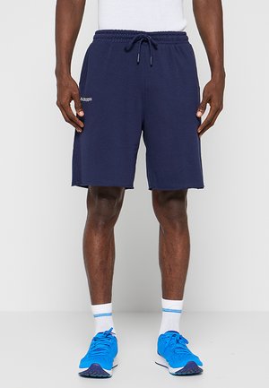 Uomo che indossa pantaloncini blu navy con coulisse, calzini bianchi con strisce blu e scarpe da corsa blu brillante, in piedi su uno sfondo semplice.