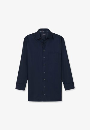 Navyblaues Langarmhemd mit knöpfbarem Vorderteil, einer einzelnen Brusttasche und kontrastierenden gemusterten Details am Innenkragen. Glatte Textur.