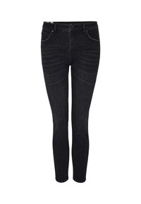 Schwarze Herrenjeans aus Denim mit schlanker Passform, ausgestattet mit einem vorderen Knopfverschluss, fünf Taschen und sanften Verwaschungen an den Beinen. Glatte Oberfläche.