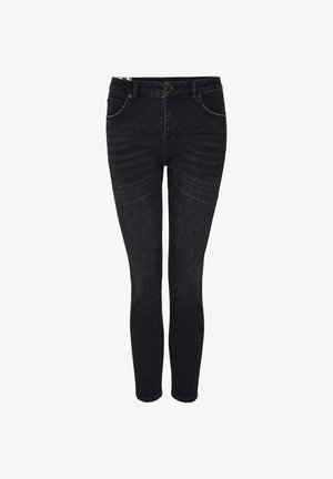 Black denim jeans with a slim fit, featuring a front button closure, five pockets, and subtle fading on the legs. Smooth texture.