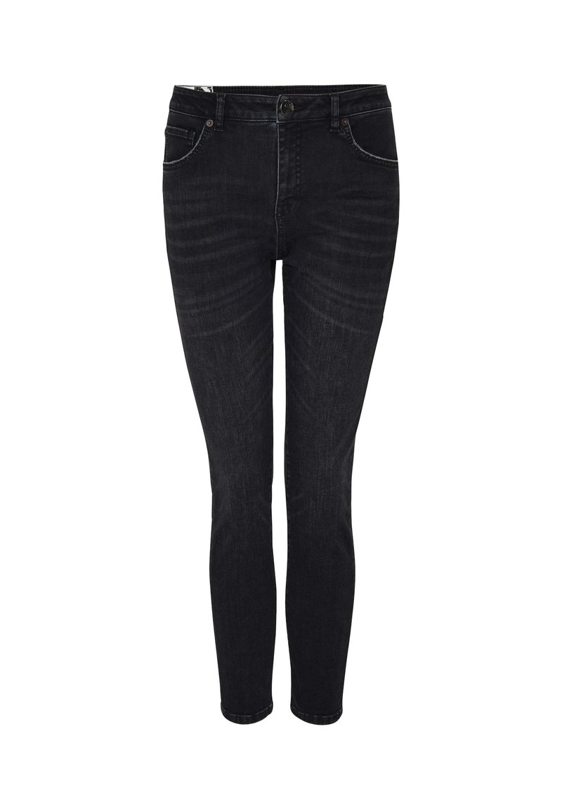 Zwarte denim jeans met een slim fit, voorzien van een sluiting met een voorknop, vijf zakken en subtiele vervaging op de benen. Glad van textuur.