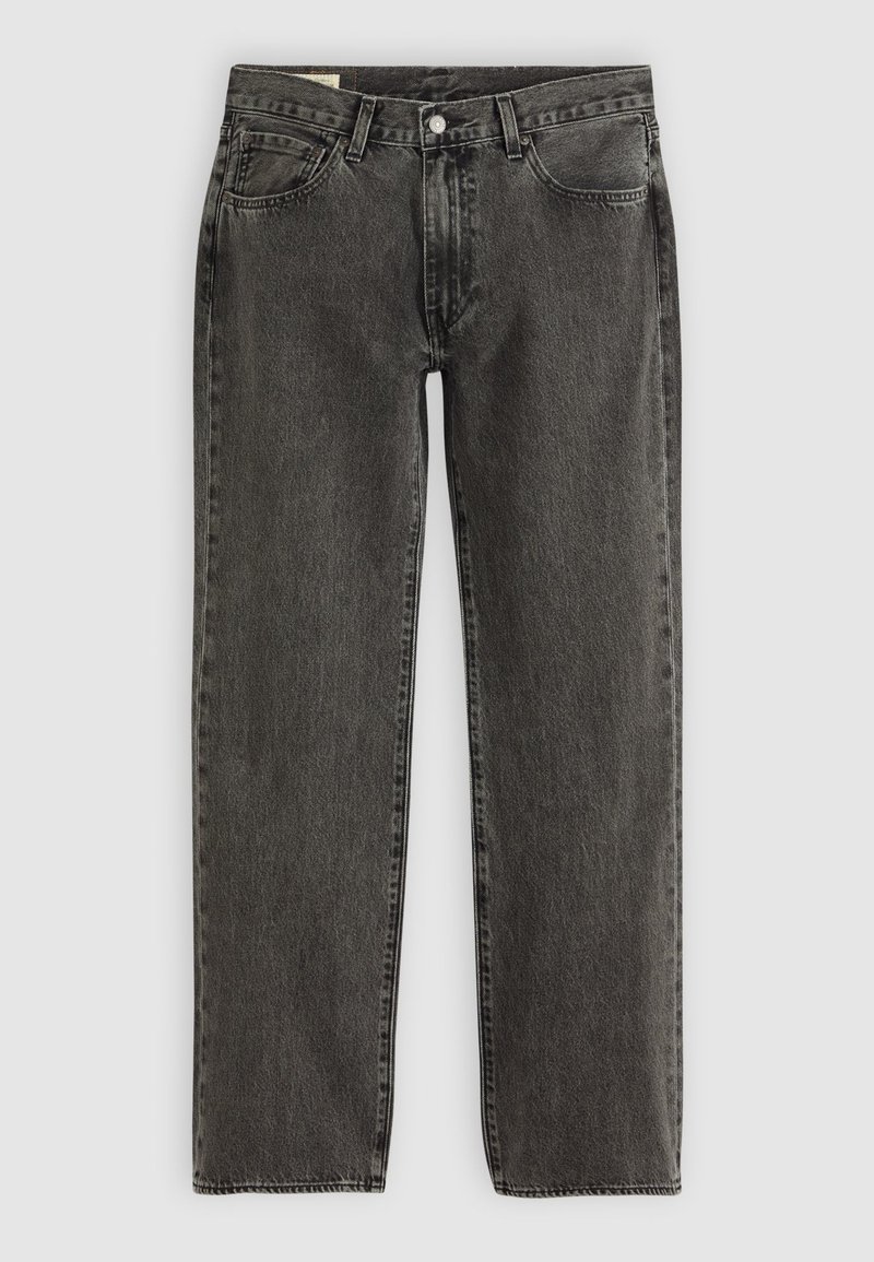 Jean noir coupe droite avec poches avant, passants de ceinture, fermeture à bouton et coutures visibles sur un fond gris clair.