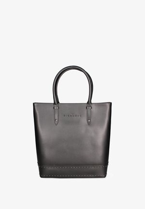 Zwarte leren tote bag met twee ronde handvatten, gestofferde onderkant, gegraveerde merknaam aan de voorkant en een gladde, gestructureerde afwerking.