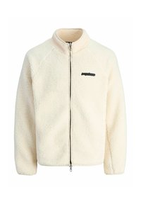 Cremefarbener Fleece-Jacke mit hohem Kragen, Reißverschluss vorne und schwarzem Logoakzent auf der Brust. Sie hat eine weiche, strukturierte Oberfläche.
