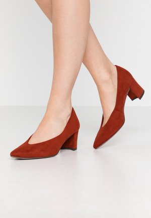 Roodbruine suède hoge hakken met een puntige neus, lage snit en een chunky hak. Gladde textuur met een stevige basis.