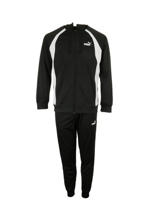 Schwarzer Sporttracksuit mit einer Jacke zum Zipper mit weißen Akzenten und einer Kordelzugkapuze, kombiniert mit passenden Hosen. Hergestellt aus weichem, atmungsaktivem Stoff.