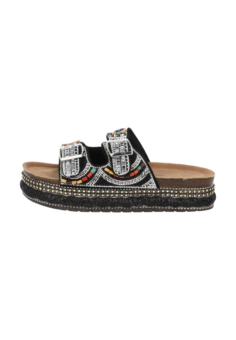Schwarze Rutschsandalen mit zwei verstellbaren Schnallenriemen, verziert mit bunten Perlen und einer gemusterten geflochtenen Sohle. Glatte Innenauskleidung.