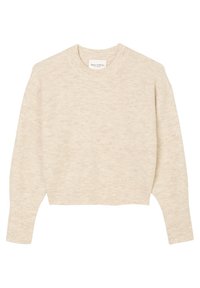 Suéter de punto acanalado beige con cuello redondo y mangas largas. El diseño presenta un corte cropped y una tela suave y texturada.