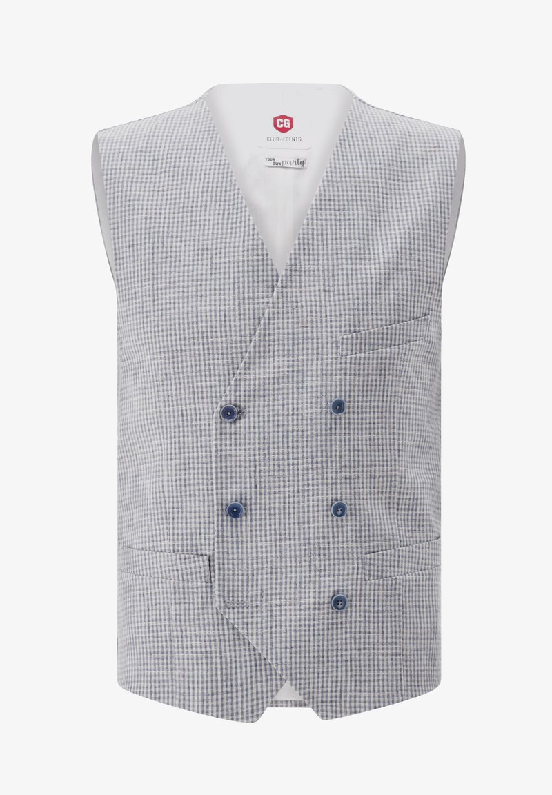 Gray and white checked vest with a double-breasted design, featuring blue buttons and a single chest pocket. Smooth texture and tailored fit.