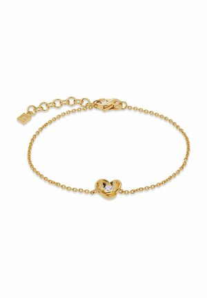 Guld kædearmbånd med en lille blomstformet vedhæng med en klar ædelsten i midten og en justerbar lås.