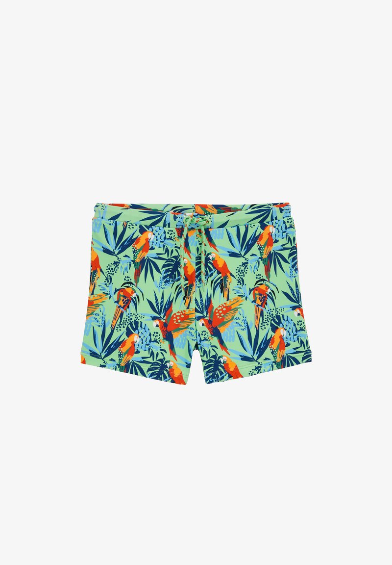 Shorts de bain comportant un fond vert clair avec des motifs de oiseaux tropicaux et de feuilles multicolores, taille à cordon, et texture douce.