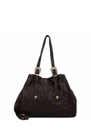 Grande borsa in pelle marrone scuro con due manici, caratterizzata da fibbie metalliche e una finitura morbida e tessurizzata.