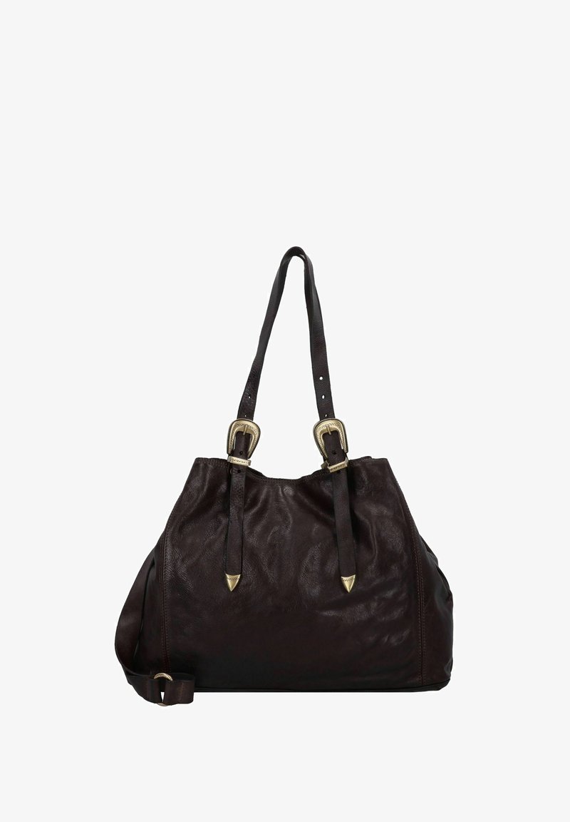 Grande borsa in pelle marrone scuro con due manici, caratterizzata da fibbie metalliche e una finitura morbida e tessurizzata.