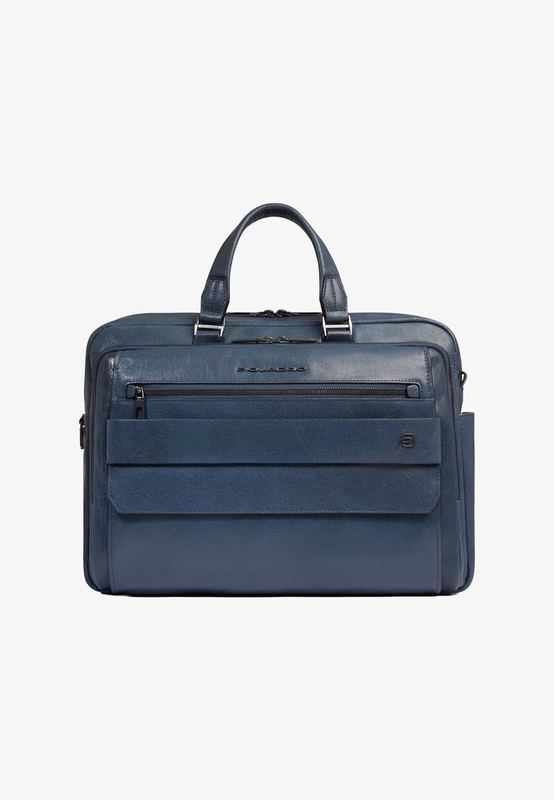 Serviette en cuir bleu avec double poignée, poche zippée avant, compartiment à rabat et quincaillerie argentée.