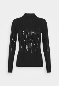 Suéter negro de cuello alto acanalado que presenta filas verticales de brillantes lentejuelas en la parte delantera, mangas largas y un acabado de punto texturizado.