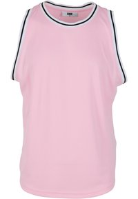 Débardeur de sport sans manches rose clair en tissu en maille, avec un col et des emmanchures à côtes blanches et noires en forme arrondie.