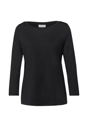 Chemise noire à manches longues avec col rond, au design simple et ajusté, sur fond blanc.