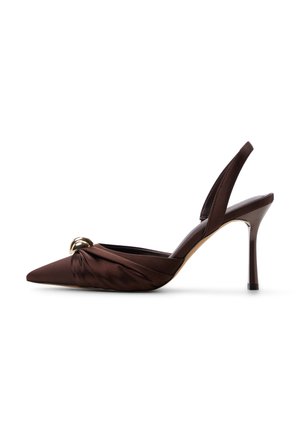 Brown satin slingback heels with a pointed toe, twisted detailing, and a gold accent. Features a slender stiletto heel for elegance.