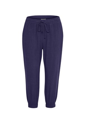 Pantalones jogger azul marino hechos de un tejido ligero. Cuentan con una cinturilla elástica con cordón y puños elásticos en los tobillos.
