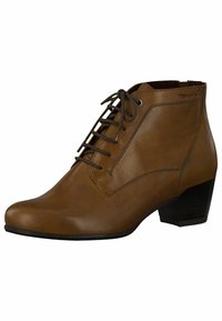 Botas de tobillo de cuero marrón con punta afilada, cordones en el frente y un tacón bajo y cuadrado. Textura suave con detalles de costura sutil.