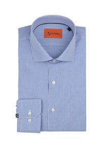 Blauw-wit gestreepte dress shirt met een puntige kraag, lange mouwen, knoopmanchetten en een rechthoekig label binnenin de kraag.