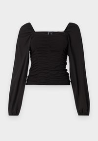 Haut noir ajusté avec manches longues bouffantes, encolure carrée et texture froncée sur le corsage, créant une silhouette structurée.