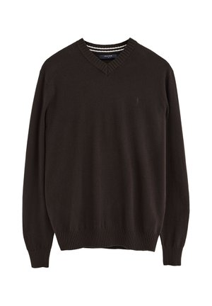 Jersey de manga larga y cuello en V color marrón oscuro, con puños y dobladillo acanalados, parte delantera lisa y un pequeño logo en el pecho izquierdo.
