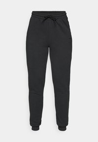 Sorte sweatpants lavet af blød bomuldsblanding, der har en elastisk talje med snøre, afsluttede ankler og diskret sidebranding.