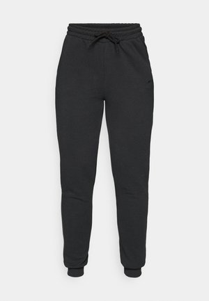 Black sweatpants made of soft cotton blend, featuring an elastic waistband with drawstring, cuffed ankles, and subtle side branding.