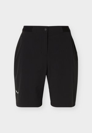 Schwarze, knielange Funktionsshorts mit vorderem Knopf, Reißverschlusstaschen an den Seiten, elastischem Bund und kleinem weißem Logo am linken Bein.