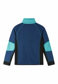Niebieska i turkusowa bluzka z długim rękawem o wysokim kołnierzu, z tkaniny o fakturze, w kolorze blokowym z kontrastowymi szwami.