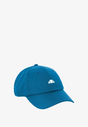 Niebieska czapka wykonana z lekkiego materiału, z zaokrąglonym daszkiem. Posiada małe białe logo z przodu oraz otwory wentylacyjne na koronie.